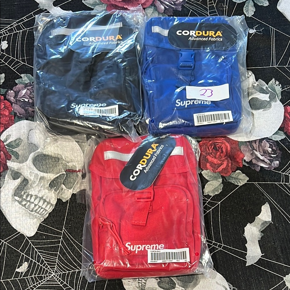 NWT 3 LOT FW24 SUPREME BLUE/BLACK/RED REFLECTIVE BOX LOGO CORDURA CAMERA BAGS